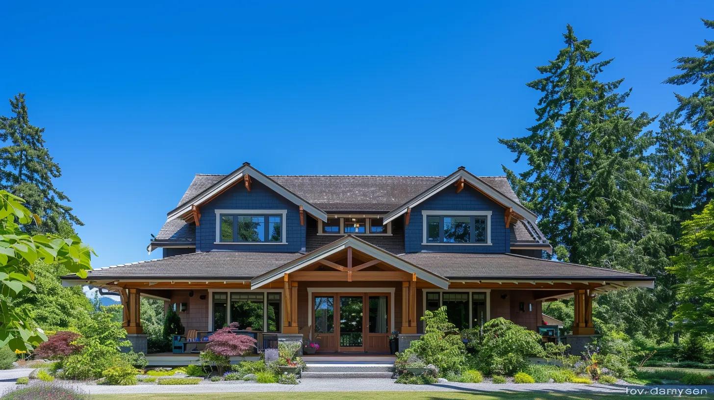 a picturesque craftsman style home with overhanging eaves and exposed rafters sits invitingly beneath a bright blue sky, showcasing its handcrafted woodwork and wide porch surrounded by lush greenery. a picturesque craftsman style home with overhanging eaves and exposed rafters sits invitingly beneath a bright blue sky, showcasing its handcrafted woodwork and wide porch surrounded by lush greenery.