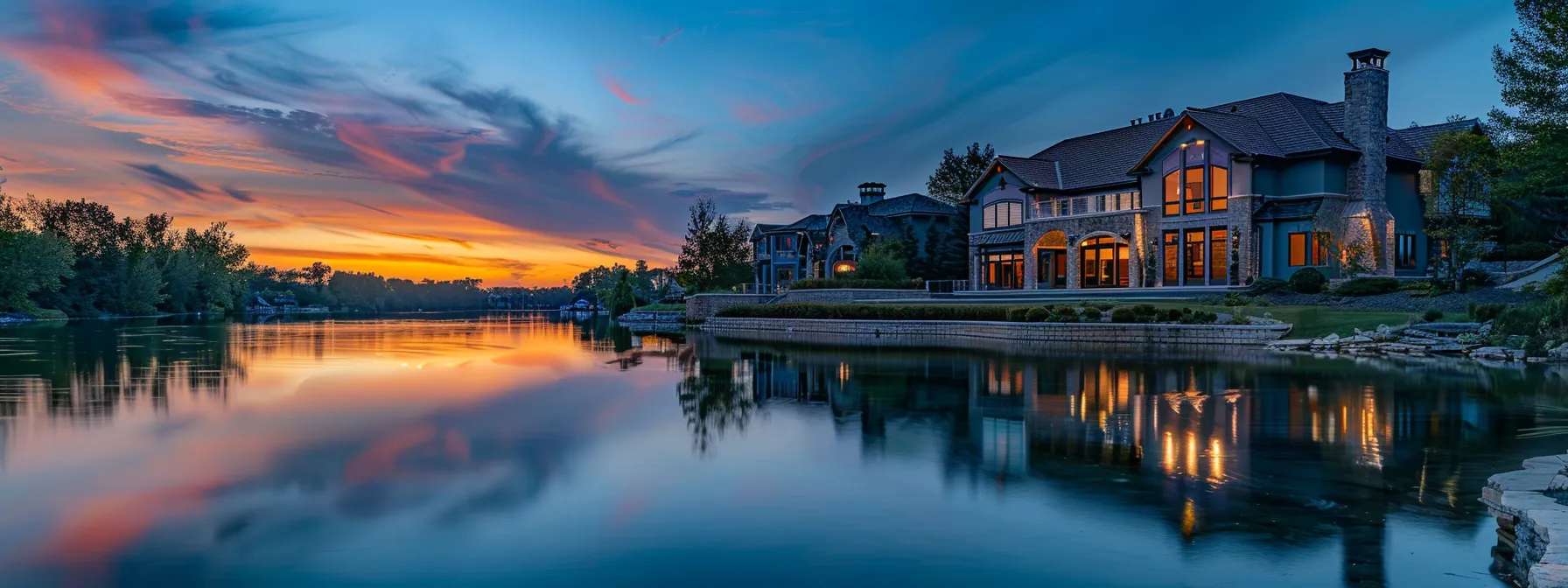 a picturesque lakefront property with a stunning sunset reflecting off the water, showcasing the potential for lucrative real estate investment in lake country. a picturesque lakefront property with a stunning sunset reflecting off the water, showcasing the potential for lucrative real estate investment in lake country.