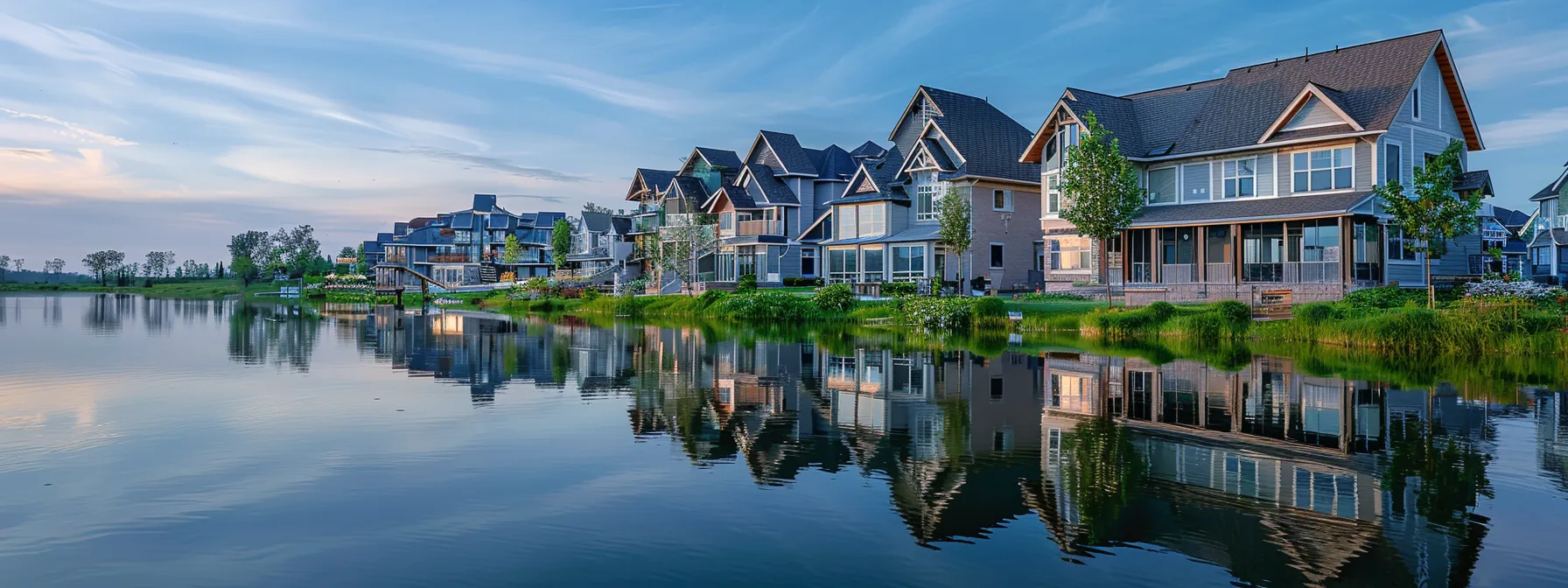 a picturesque lakeside village with booming real estate development, featuring modern condominiums and charming village-style homes overlooking the serene waters of lake country. a picturesque lakeside village with booming real estate development, featuring modern condominiums and charming village-style homes overlooking the serene waters of lake country.