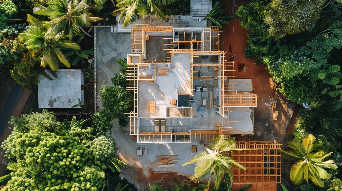 a picturesque view of a modern custom home under construction, surrounded by lush greenery and blueprints spread out nearby, symbolizing the careful planning and budgeting process needed for a successful build. a picturesque view of a modern custom home under construction, surrounded by lush greenery and blueprints spread out nearby, symbolizing the careful planning and budgeting process needed for a successful build.