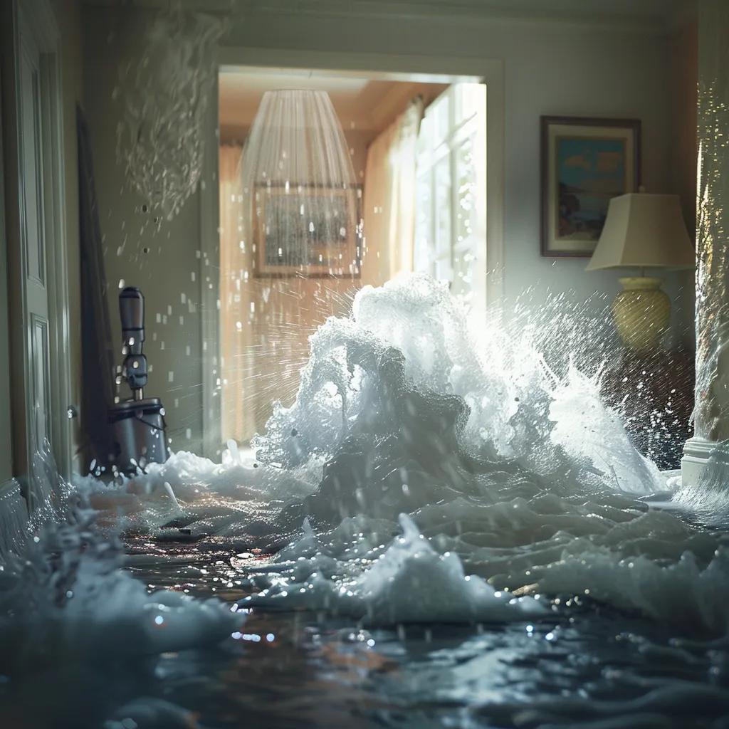 Plumbing emergency with a burst pipe and a plumber arriving to assist