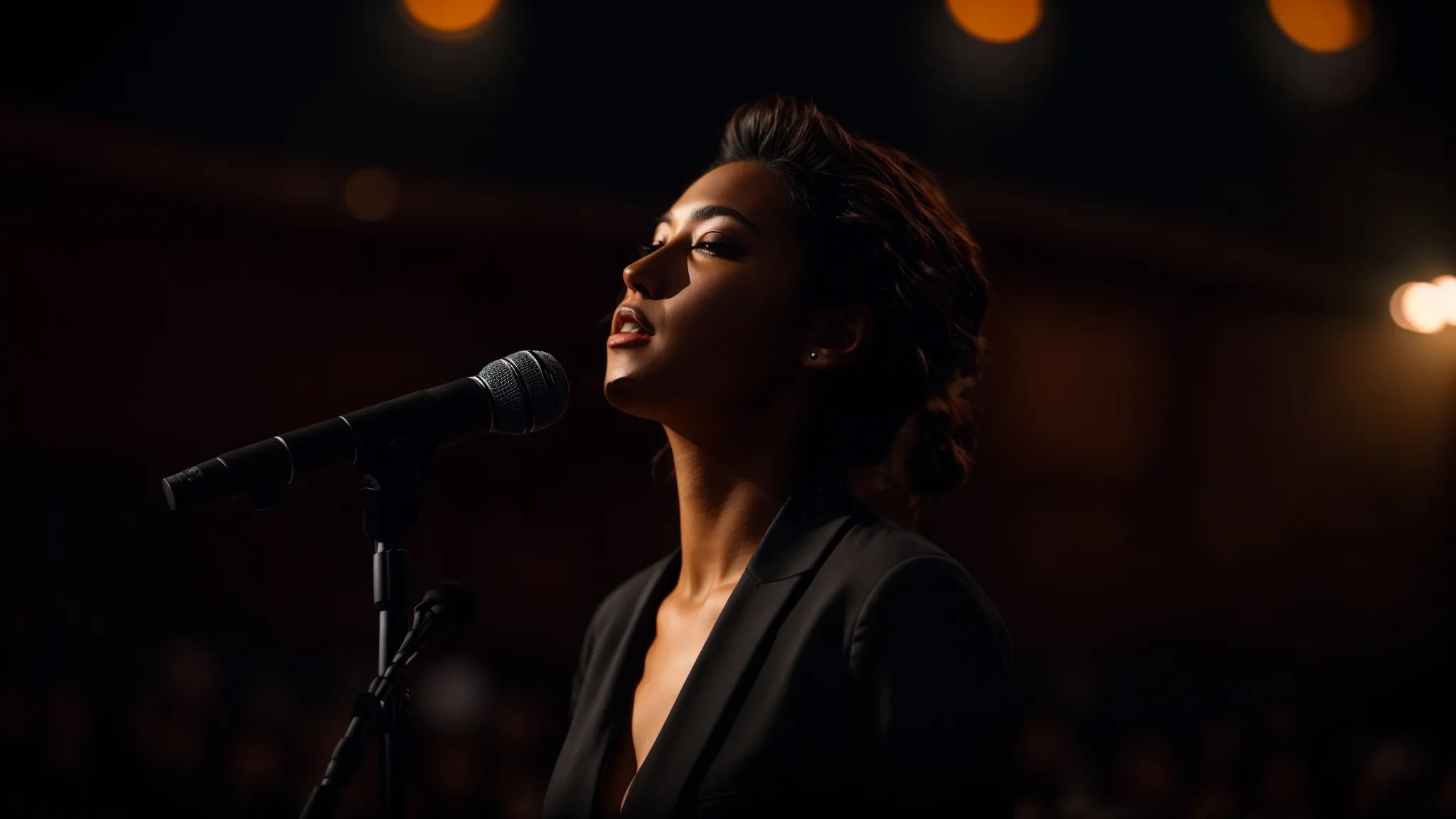 a poised singer stands confidently on stage, radiating vocal power under soft spotlighting, with their posture perfectly aligned to amplify breath control and resonance. a poised singer stands confidently on stage, radiating vocal power under soft spotlighting, with their posture perfectly aligned to amplify breath control and resonance.