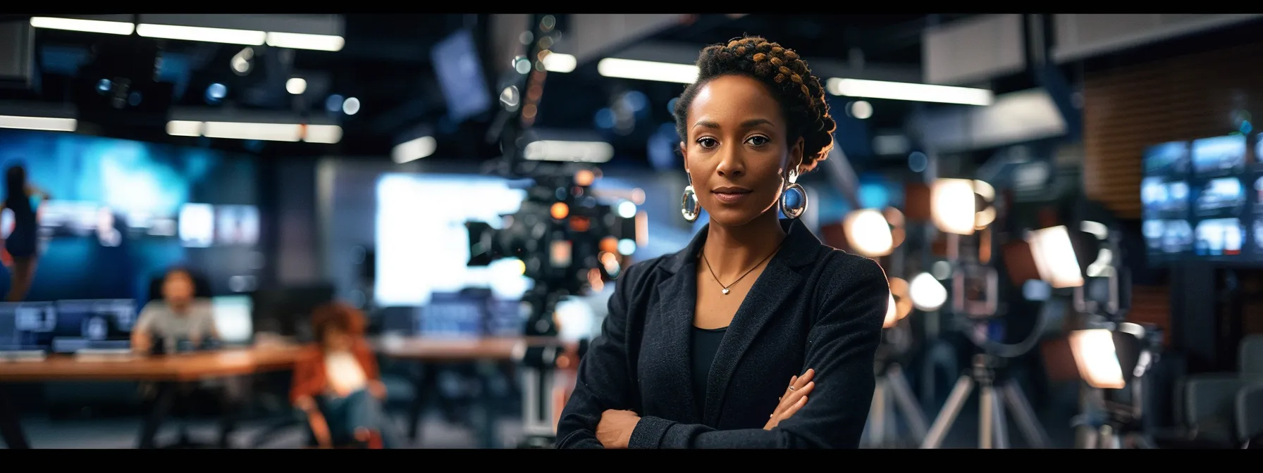 a poised television guest confidently presents in a stylish, modern nyc studio, surrounded by bright lights and sleek cameras, embodying professionalism and charisma in preparation for their on-air moment.