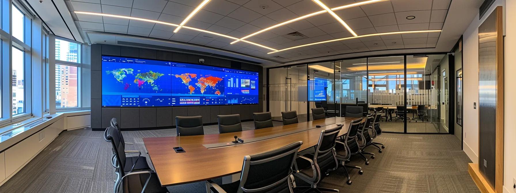 a polished conference room in a modern nyc office with a diverse team enthusiastically collaborating over a strategic television pr roadmap displayed on a sleek digital screen, showcasing charts and media connections that highlight the journey to successful brand visibility.