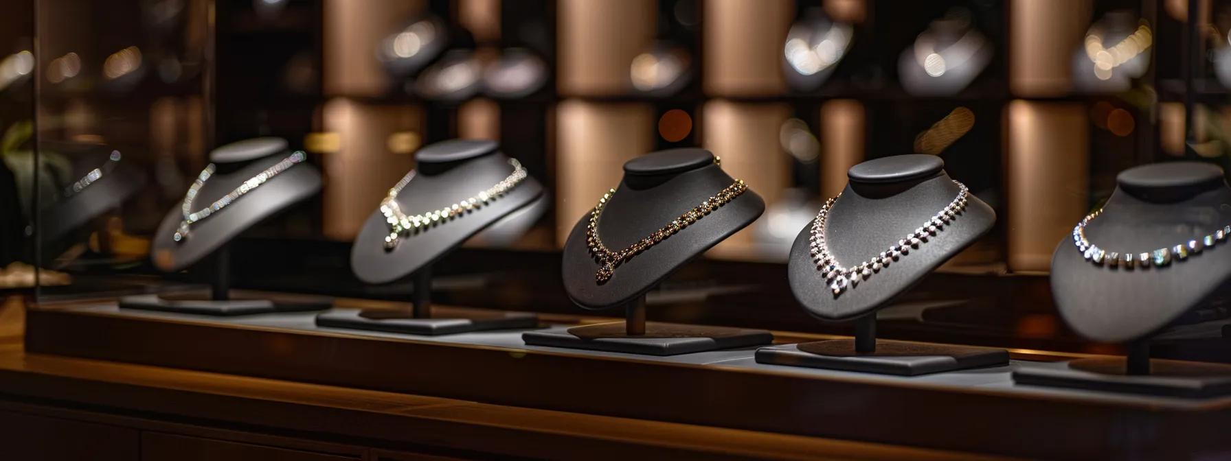 a polished jewelry display featuring a collection of elegantly crafted necklaces under focused studio lighting, emphasizing both their intricate designs and durability in a sleek, modern showroom.