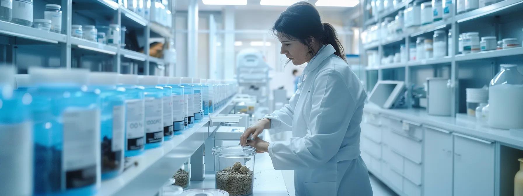 a polished, modern laboratory setting showcases a technician in a white coat inspecting high-quality raw dog food ingredients under bright fluorescent lights, emphasizing the meticulous certification and safety standards crucial for pet food production. a polished, modern laboratory setting showcases a technician in a white coat inspecting high-quality raw dog food ingredients under bright fluorescent lights, emphasizing the meticulous certification and safety standards crucial for pet food production.