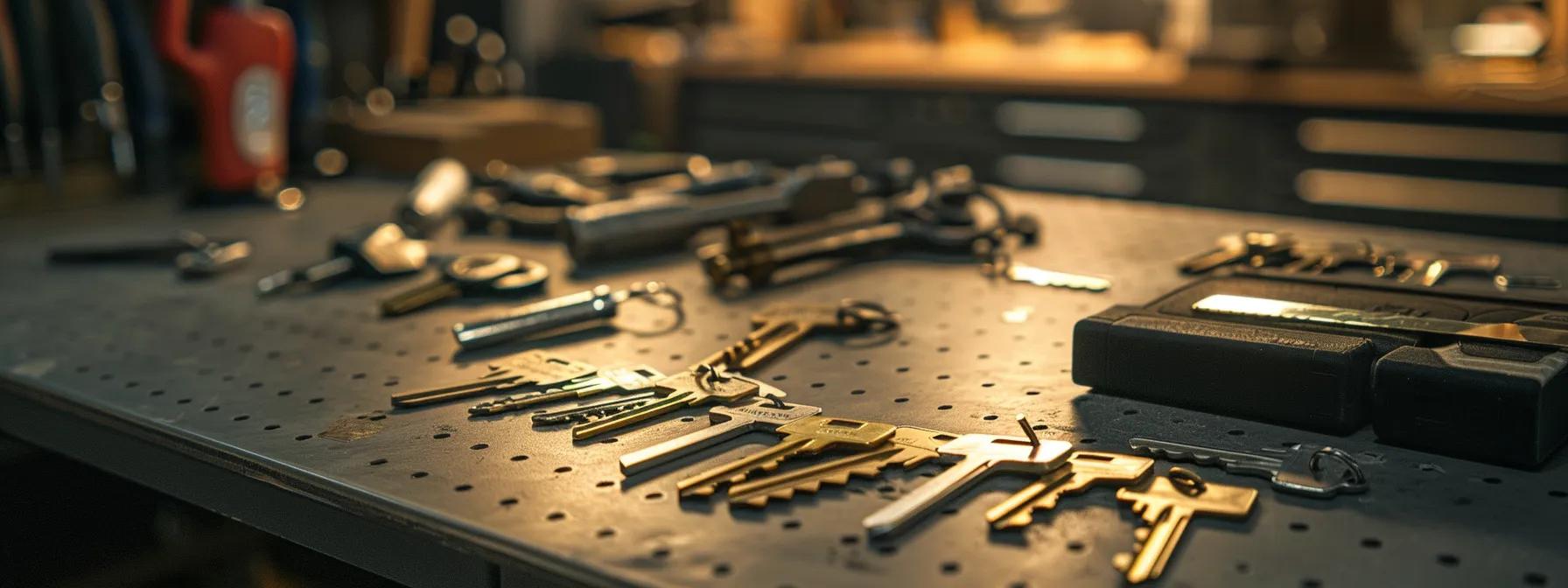 a polished, modern master key system displayed on a sleek workbench, bathed in soft, diffused lighting, highlighting its intricate design and promoting a sense of security and efficiency. a polished, modern master key system displayed on a sleek workbench, bathed in soft, diffused lighting, highlighting its intricate design and promoting a sense of security and efficiency.