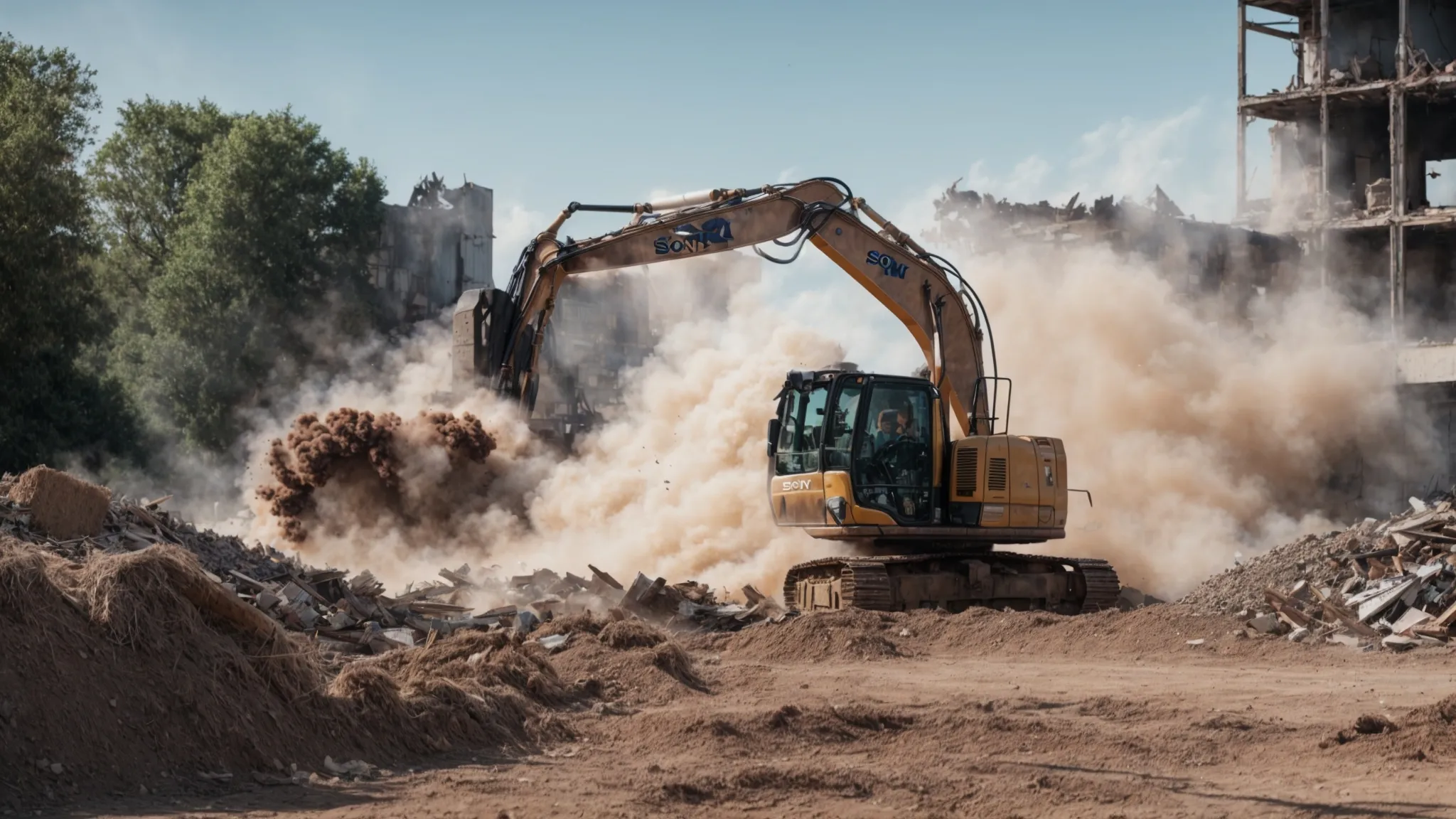a powerful image of a demolition site, showcasing large machinery in action against a clear blue sky, symbolizing the dynamic impact of effective ppc strategies for demolition companies.