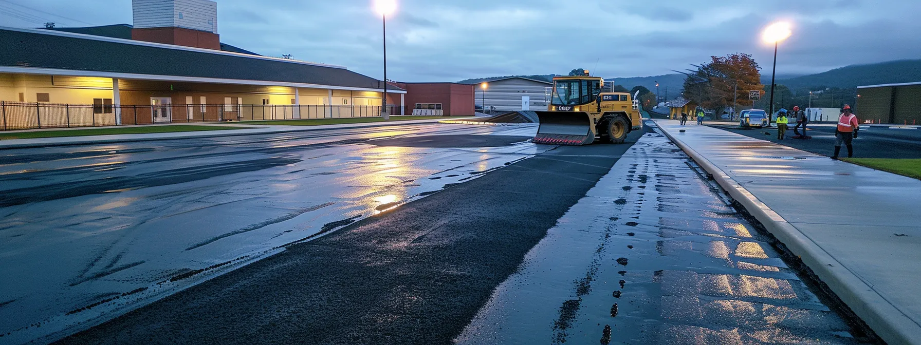 a pristine asphalt pavement gleams under bright urban lights, showcasing freshly resurfaced blacktop with clearly defined surface markings and a nearby maintenance crew preparing sealant, reinforcing a commitment to enduring performance.