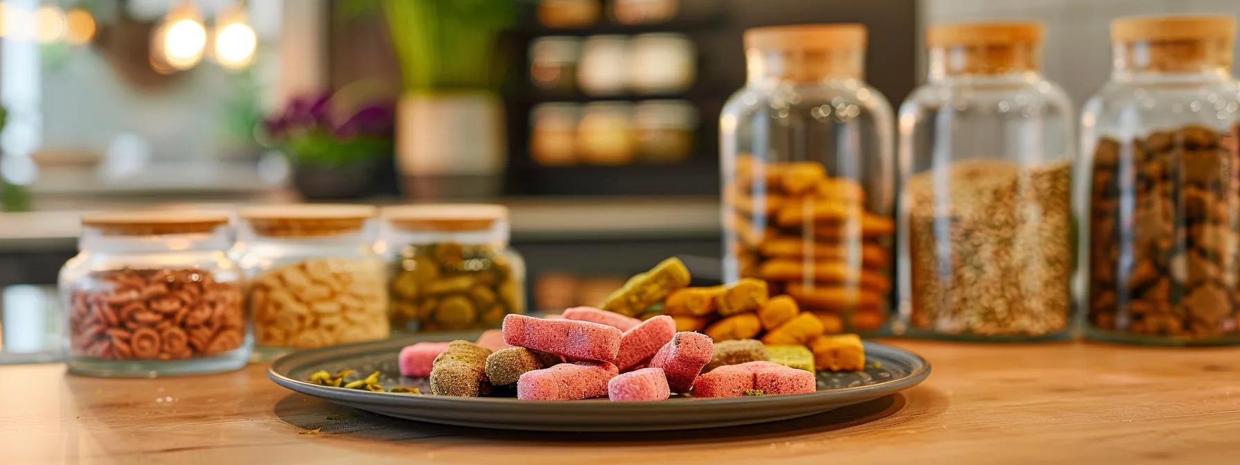 a pristine kitchen countertop displays an array of colorful, homemade dog treats arranged artfully on a stylish ceramic plate, with clear glass containers filled with wholesome, natural ingredients in the background, creating a warm and inviting atmosphere that emphasizes the benefits of healthy dog nutrition. a pristine kitchen countertop displays an array of colorful, homemade dog treats arranged artfully on a stylish ceramic plate, with clear glass containers filled with wholesome, natural ingredients in the background, creating a warm and inviting atmosphere that emphasizes the benefits of healthy dog nutrition.