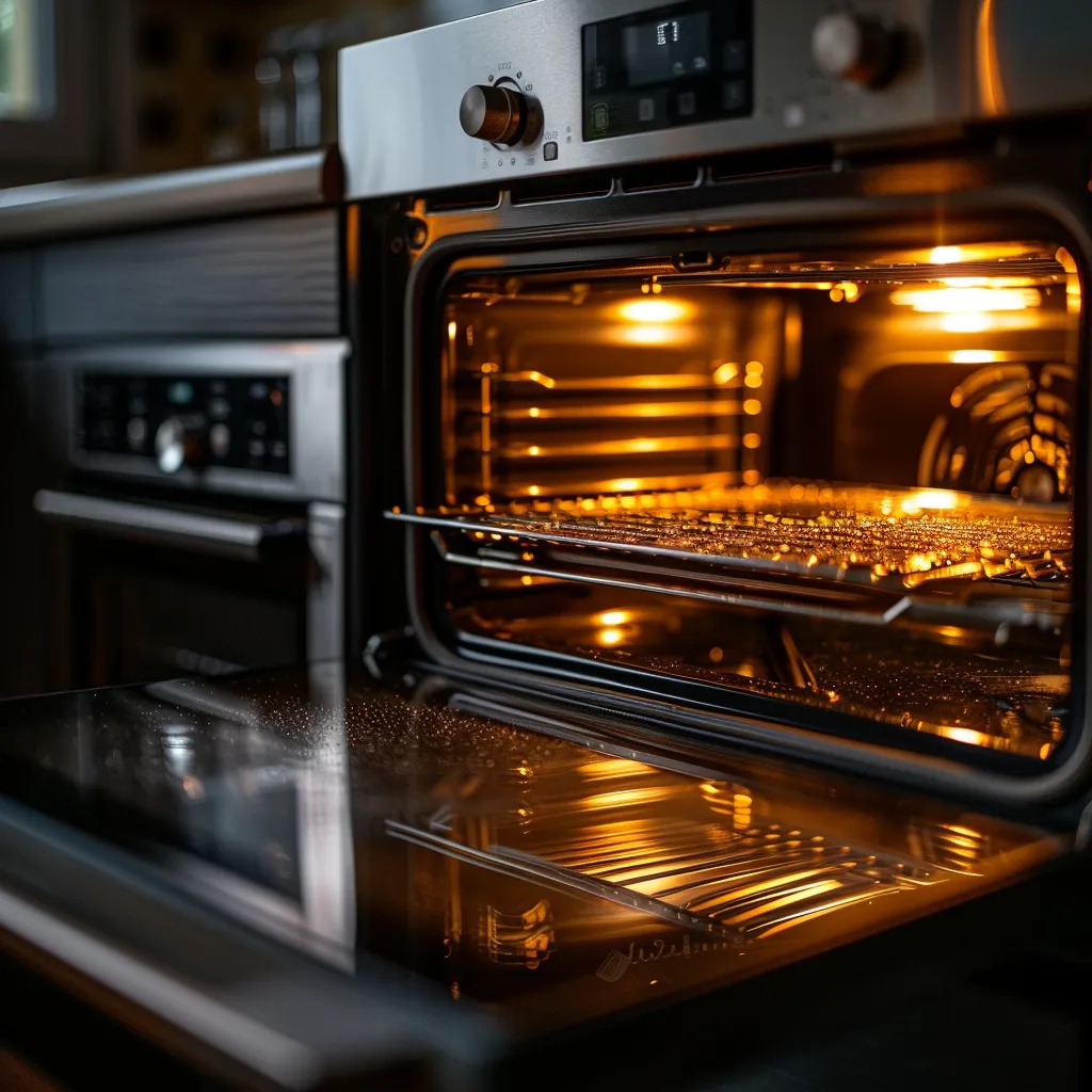 a pristine kitchen oven gleams under warm, inviting light, showcasing its immaculate interior free from grease and grime, symbolizing the effectiveness of professional cleaning services.