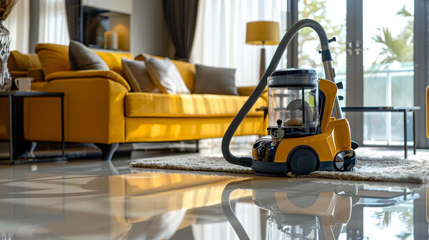 a pristine, modern home interior showcases a professional deep cleaning service in action, featuring advanced cleaning equipment like a high-powered vacuum and a steam cleaner, effectively eliminating hidden dirt and grime from every corner.