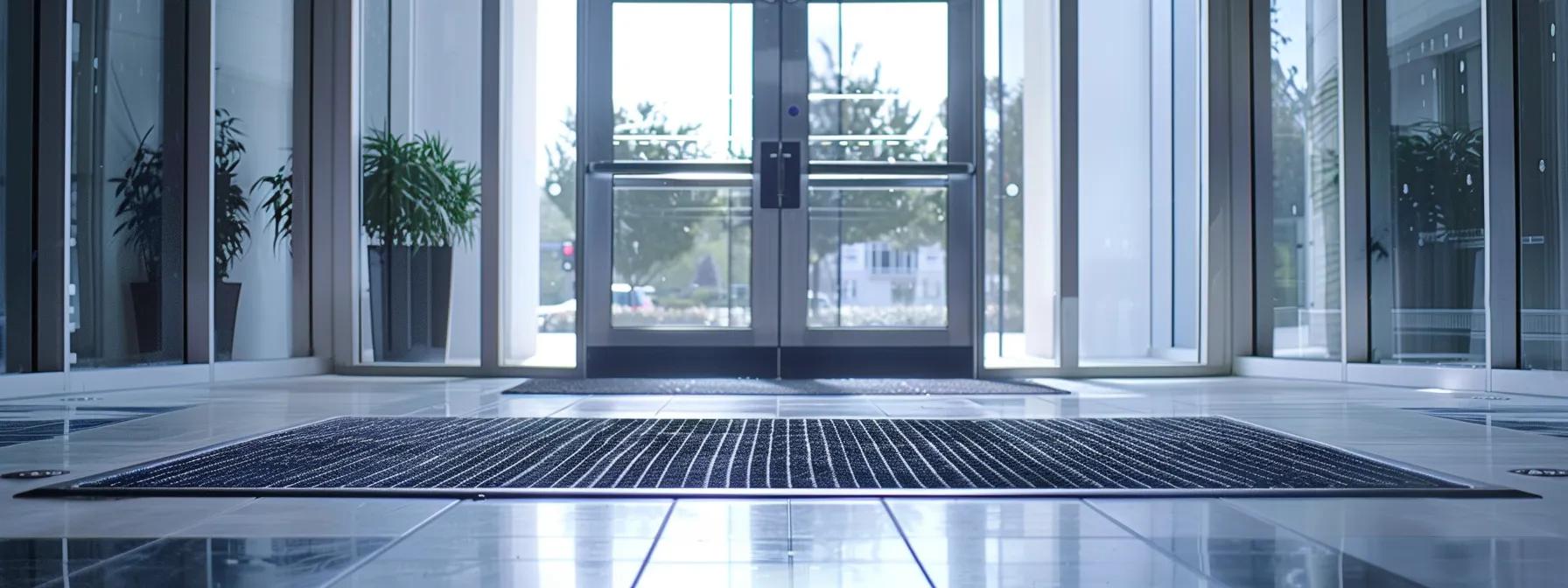 a pristine office entryway showcases a well-maintained waterhog mat, with a professional cleaner using a high-powered vacuum to demonstrate effective cleaning techniques under bright led lighting.