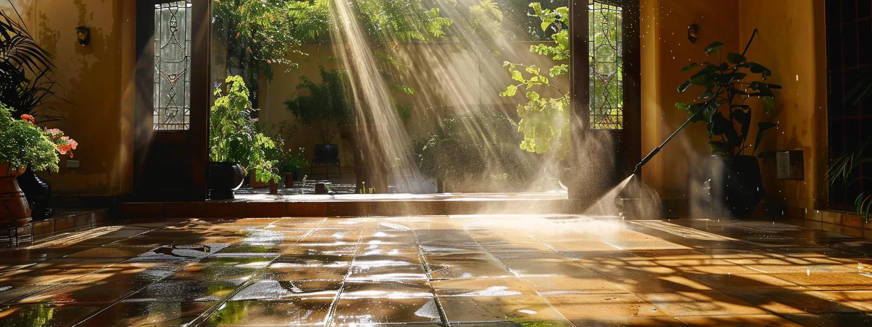 a pristine patio glistens under the sun, showcasing the vibrant colors of the tiles, while a skilled individual, clad in protective gear, meticulously applies a fine mist of eco-friendly cleaner from a pressure washer. a pristine patio glistens under the sun, showcasing the vibrant colors of the tiles, while a skilled individual, clad in protective gear, meticulously applies a fine mist of eco-friendly cleaner from a pressure washer.
