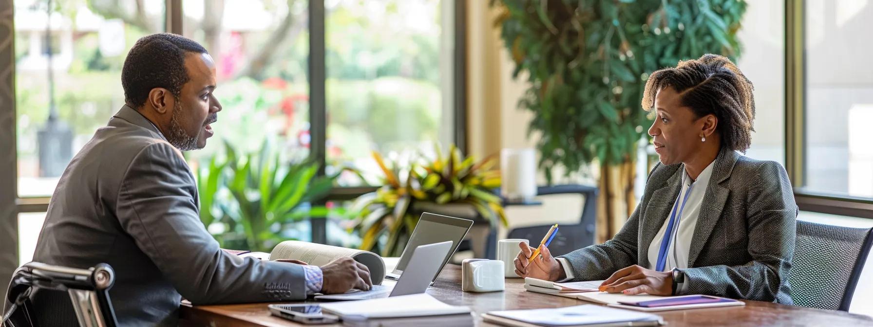 a professional and inviting office setting showcases a notary public and a client engaged in a focused discussion over important documents, illuminated by warm indoor lighting that conveys trust and reliability. a professional and inviting office setting showcases a notary public and a client engaged in a focused discussion over important documents, illuminated by warm indoor lighting that conveys trust and reliability.