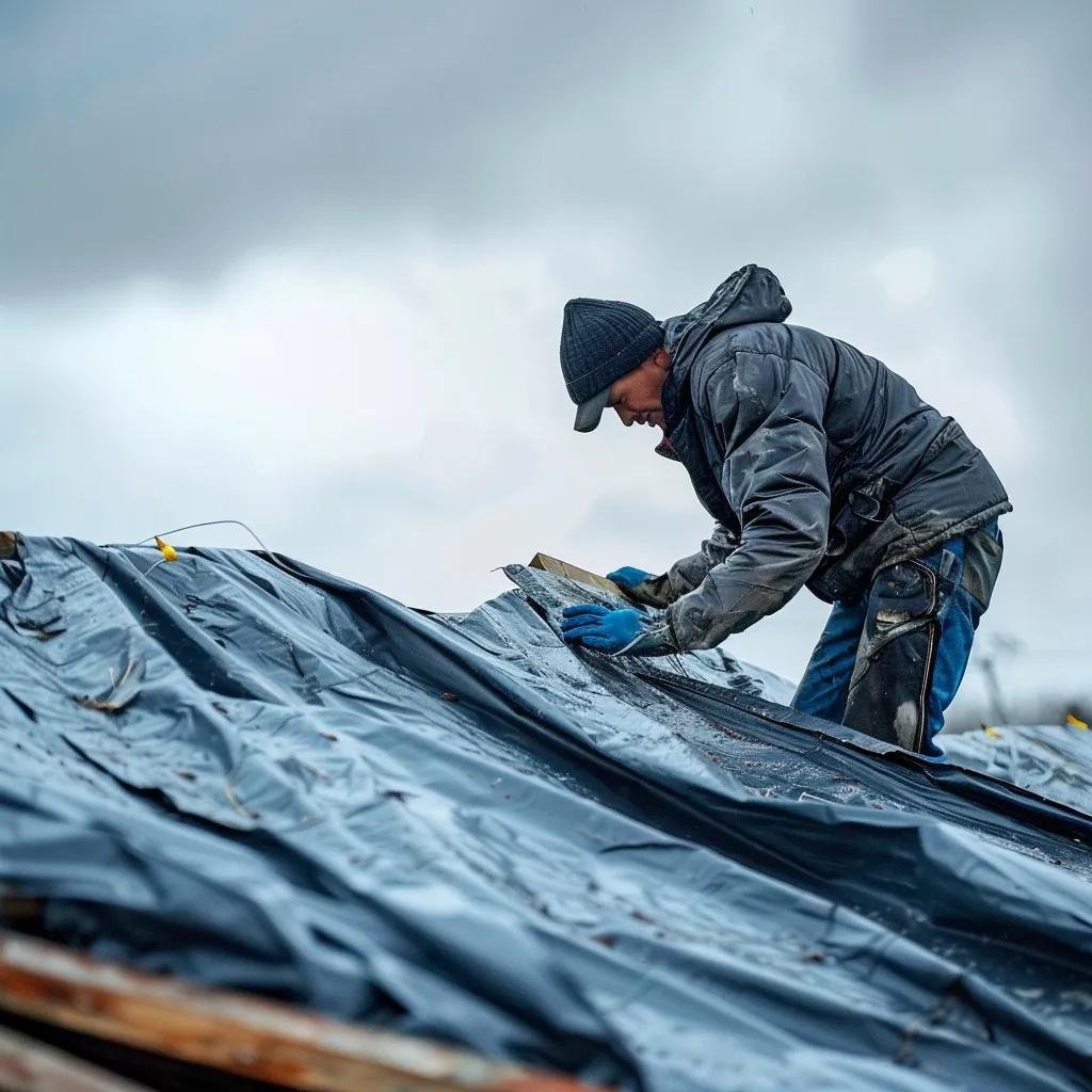 247 emergency roofing services in houston 2 Professional applying waterproof tarp over a damaged roof