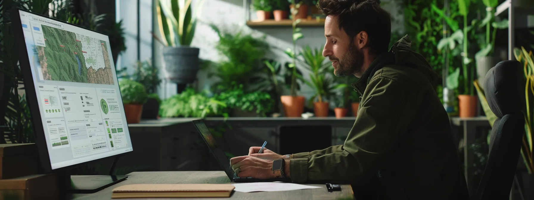 a professional arborist in a modern office setting, confidently reviewing certification documents and detailed project quotes on a sleek desk, with a digital map showing customer locations and feedback displayed on a large screen behind.