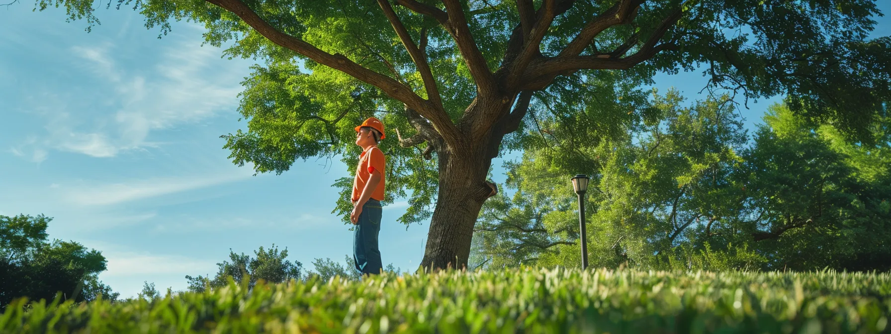 a professional arborist in smart attire inspects a meticulously pruned tree on a vibrant urban lawn, showcasing the clear benefits of expert tree management for optimal grass growth and landscape health.