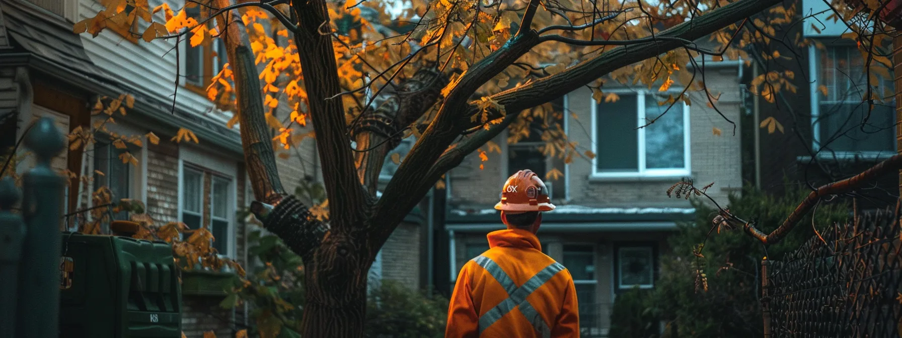 a professional arborist inspects a tree in an urban neighborhood, highlighting brittle branches and weak unions under bright artificial lighting, conveying the importance of expert maintenance for homeowner safety.