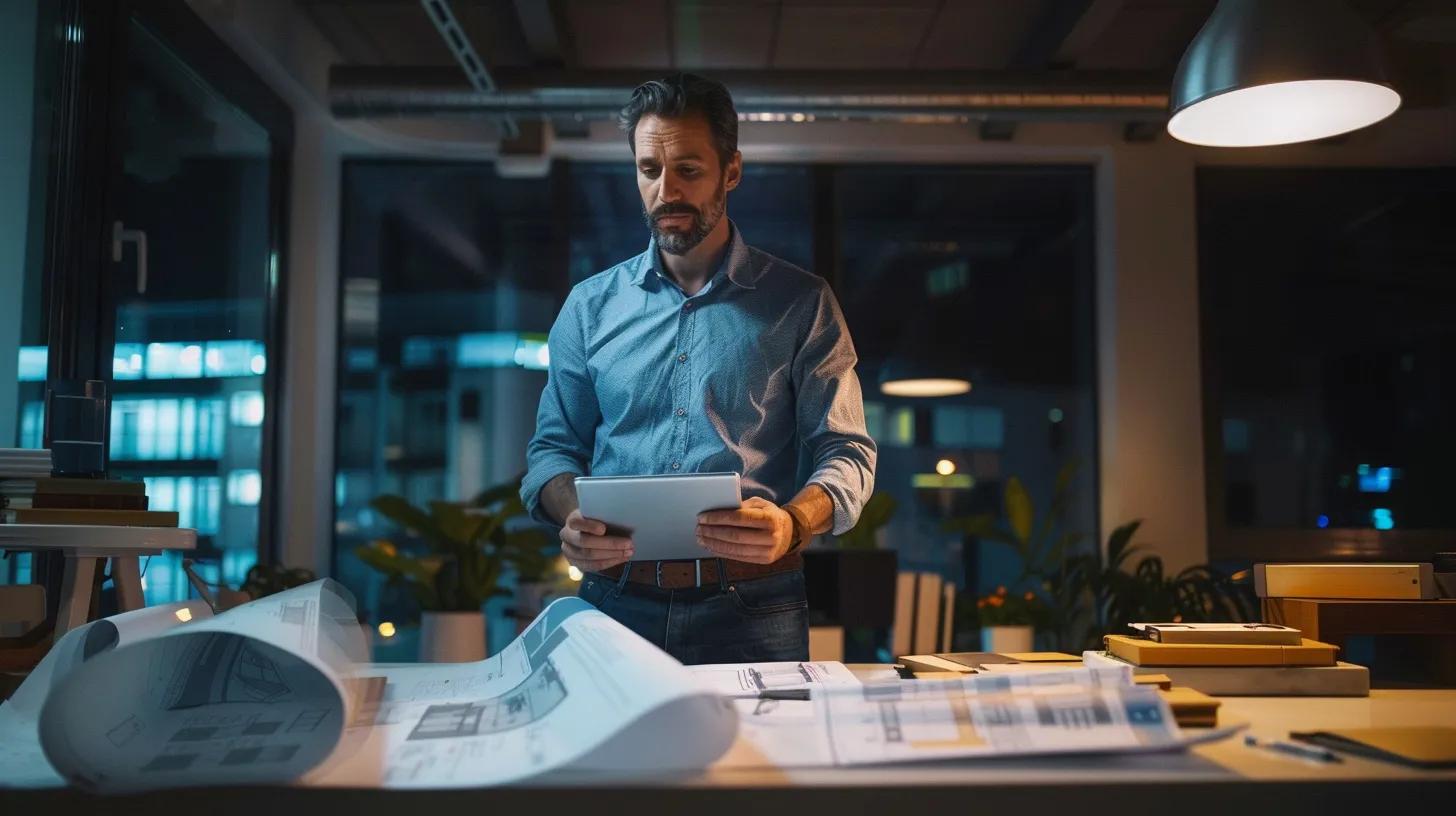 a professional architect stands confidently in a contemporary office space, surrounded by blueprints and building code manuals, analyzing the intricate details of local regulations on a sleek digital tablet under focused artificial lighting. a professional architect stands confidently in a contemporary office space, surrounded by blueprints and building code manuals, analyzing the intricate details of local regulations on a sleek digital tablet under focused artificial lighting.