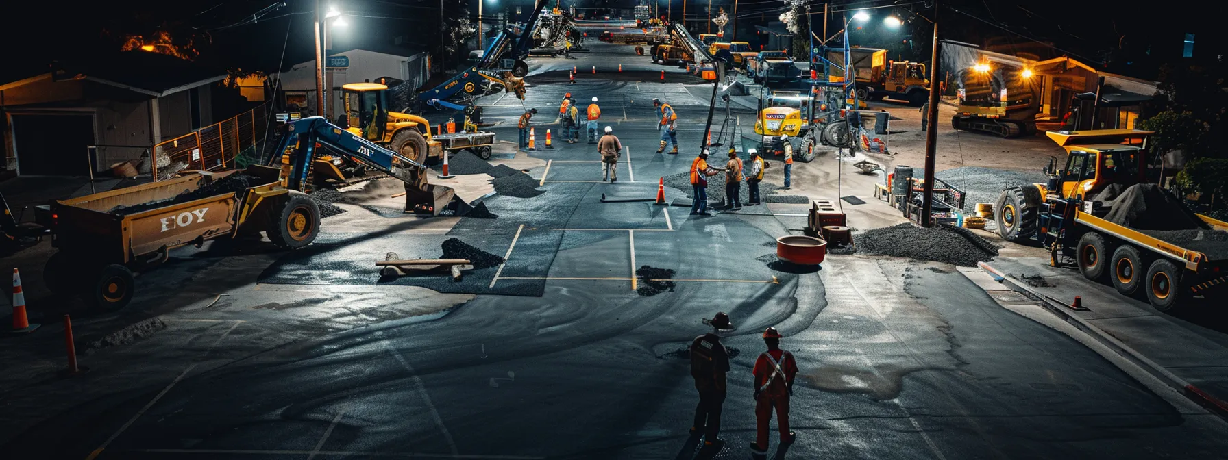 a professional asphalt paving crew meticulously evaluates a complex urban driveway in san diego, with detailed markings showing areas for repair, surrounded by heavy machinery and tools, under bright overhead work lights.