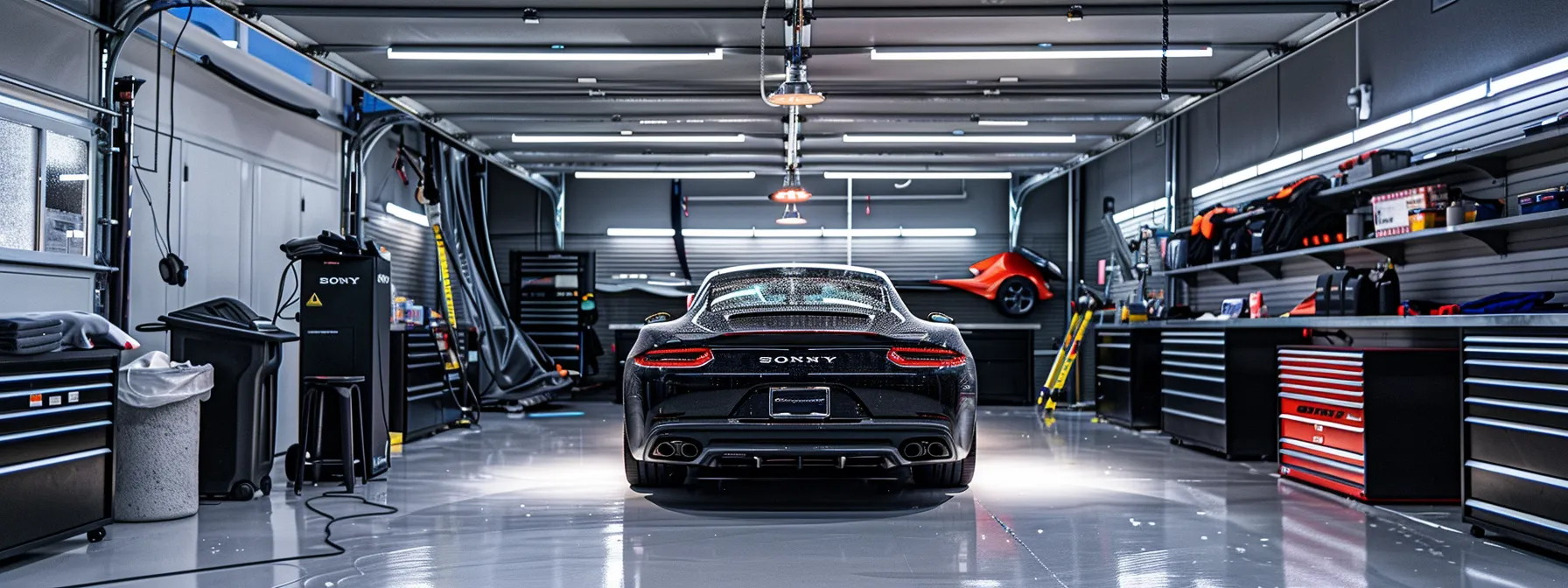 a professional auto detailing garage showcases a clean, modern environment where a technician demonstrates the meticulous two-bucket wash method on a wrapped vehicle, surrounded by microfiber cloths, tape measures, and carefully positioned equipment, illuminated by bright overhead lights that highlight the vehicle's matte finish. Routine Washing Techniques for Wrapped Vehicles