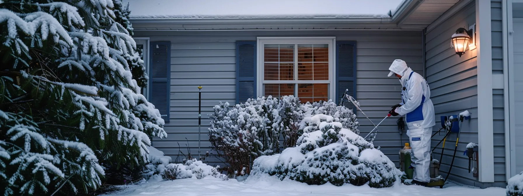 a professional cleaner carefully inspecting a house exterior covered in winter stains, determined to enhance its curb appeal in cold weather. a professional cleaner carefully inspecting a house exterior covered in winter stains, determined to enhance its curb appeal in cold weather.