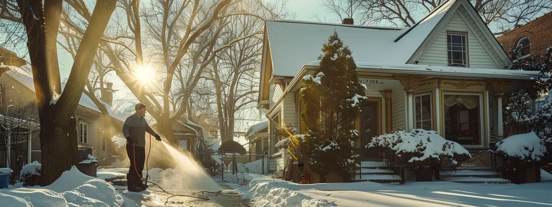 a professional cleaner using eco-friendly products to wash a snowy house in cleveland. a professional cleaner using eco-friendly products to wash a snowy house in cleveland.