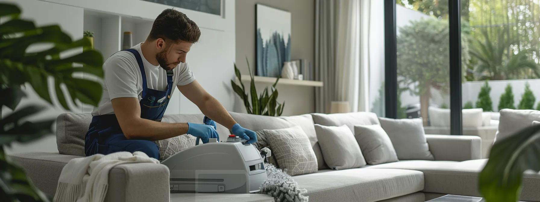 a professional cleaning technician in a modern houston living room meticulously treating a plush sofa with advanced equipment, showcasing the transformation of the space as lingering pet odors are effectively eliminated in a bright, well-lit environment.