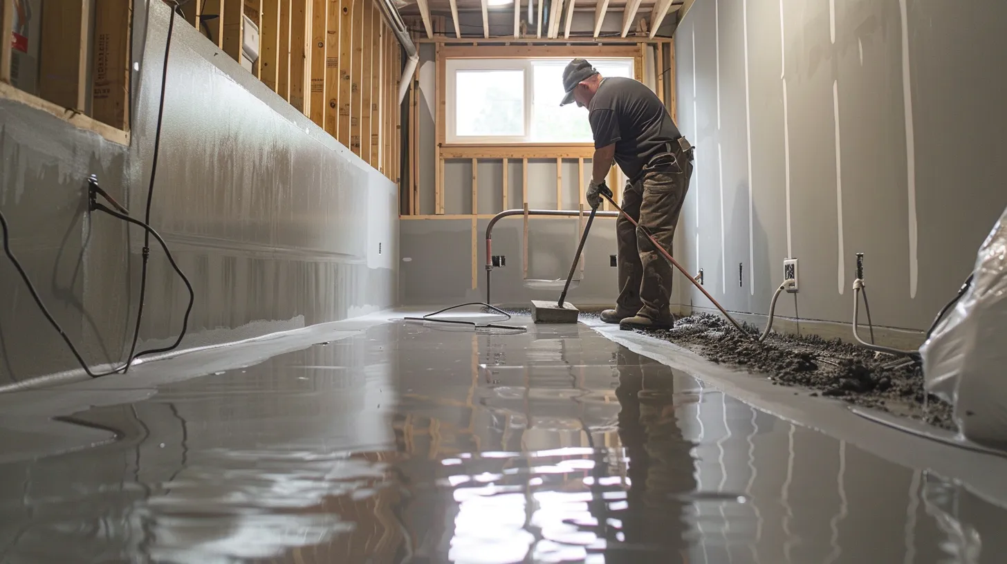 a professional contractor applies waterproofing membranes to exposed concrete walls in a well-lit basement, highlighting the importance of effective waterproofing while seamlessly integrating a french drain and sump pump into a clean workspace. a professional contractor applies waterproofing membranes to exposed concrete walls in a well-lit basement, highlighting the importance of effective waterproofing while seamlessly integrating a french drain and sump pump into a clean workspace.