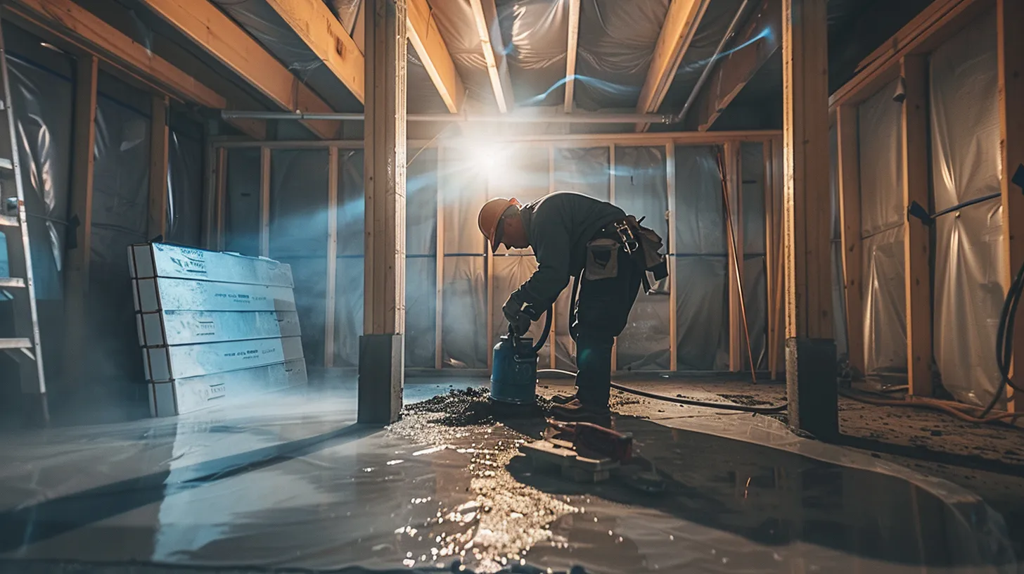 a professional contractor applies waterproofing membranes in a well-lit basement with exposed concrete walls, showcasing a clean and organized workspace as he seals cracks and prepares for a sump pump installation. a professional contractor applies waterproofing membranes in a well-lit basement with exposed concrete walls, showcasing a clean and organized workspace as he seals cracks and prepares for a sump pump installation.