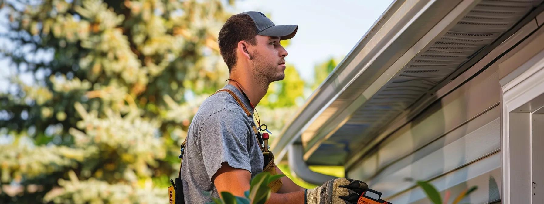 a professional contractor confidently inspects a freshly installed, gleaming gutter system on a modern suburban home, showcasing the seamless blend of affordability and quality in gutter installation services. a professional contractor confidently inspects a freshly installed, gleaming gutter system on a modern suburban home, showcasing the seamless blend of affordability and quality in gutter installation services.