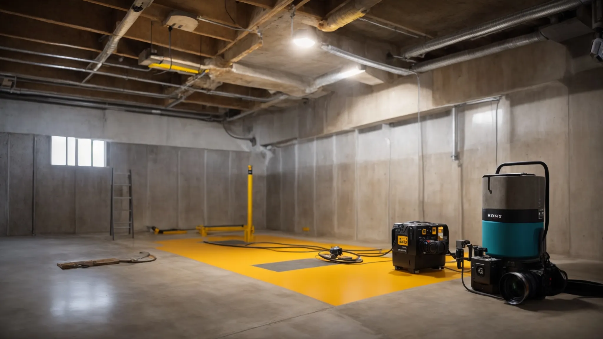 a professional contractor diligently applies waterproofing membranes to exposed concrete walls in a well-lit basement, showcasing essential tools and a sump pump in a pristine, organized workspace. a professional contractor diligently applies waterproofing membranes to exposed concrete walls in a well-lit basement, showcasing essential tools and a sump pump in a pristine, organized workspace.