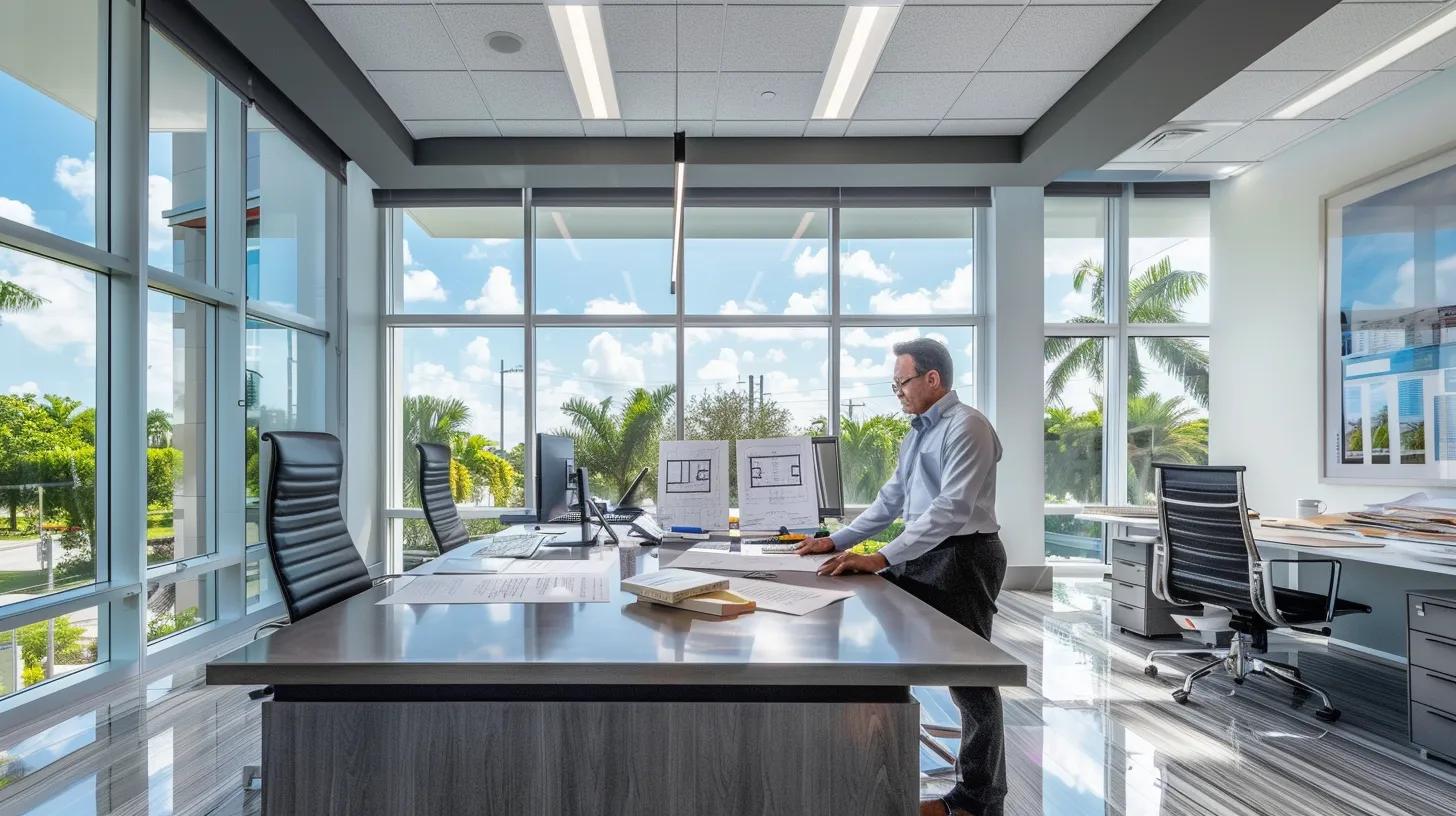 a professional contractor in a sleek office space in west palm beach is engaged in a consultation, surrounded by blueprints and impact window samples, reflecting expertise and local insight into weather-resistant installation. a professional contractor in a sleek office space in west palm beach is engaged in a consultation, surrounded by blueprints and impact window samples, reflecting expertise and local insight into weather-resistant installation.