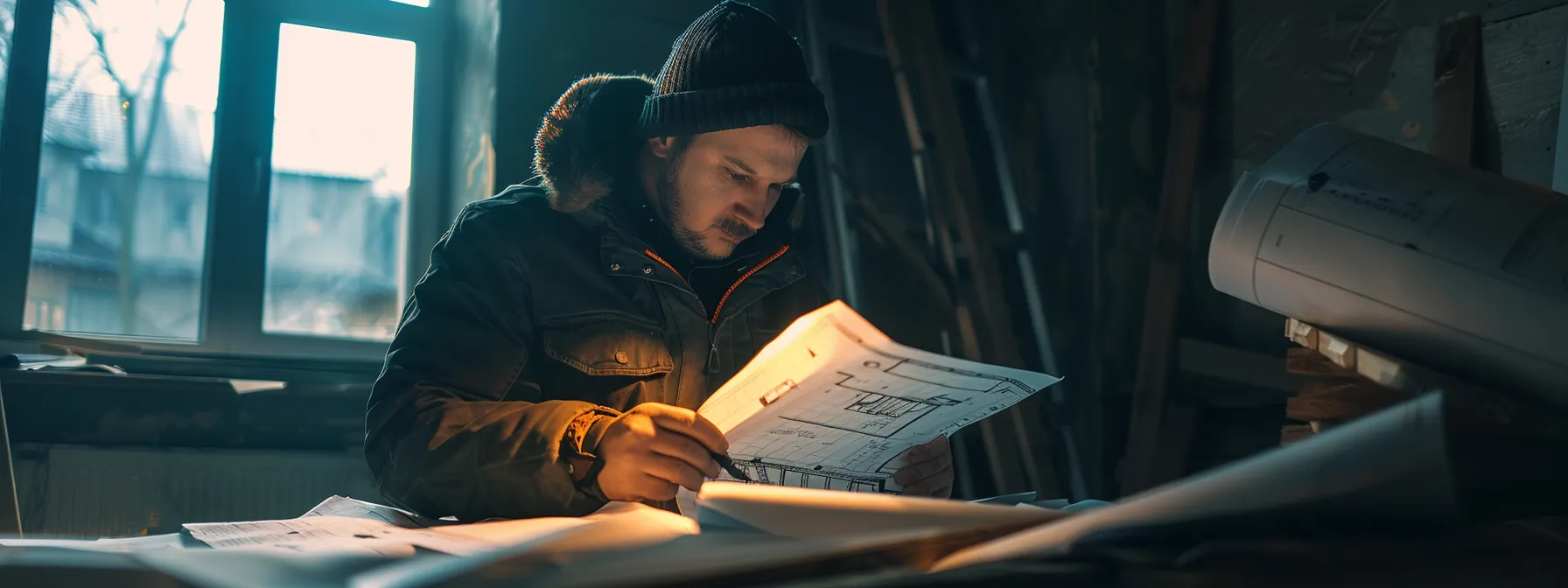 a professional contractor in northeast ohio carefully reviewing blueprints at a construction site. a professional contractor in northeast ohio carefully reviewing blueprints at a construction site.