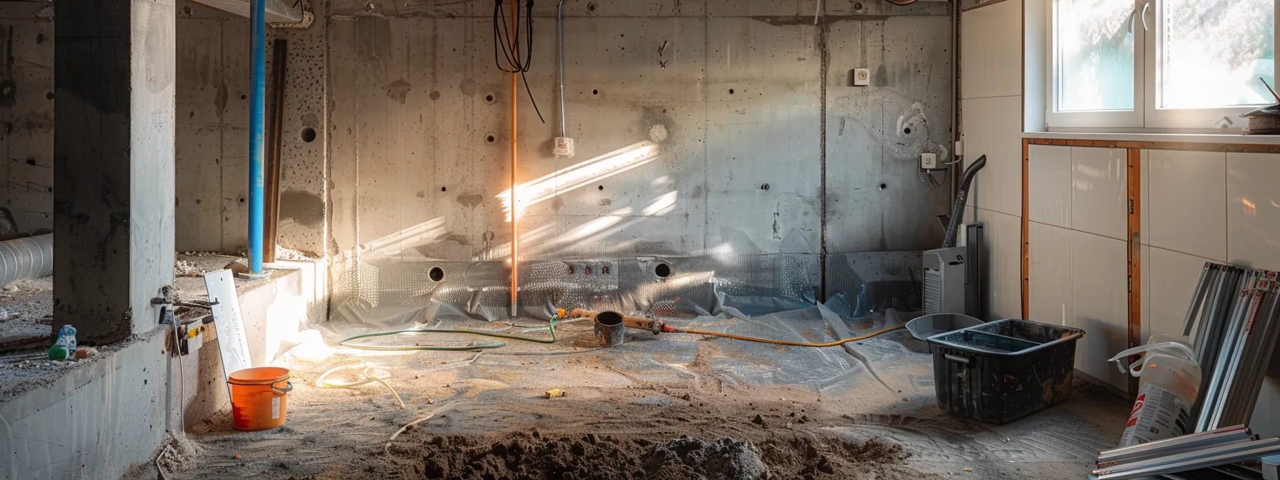 a professional contractor meticulously applies waterproofing membranes in a well-lit basement, showcasing exposed concrete walls and a neatly organized workspace, as a sump pump awaits installation in the corner, symbolizing expert solutions against water damage. a professional contractor meticulously applies waterproofing membranes in a well-lit basement, showcasing exposed concrete walls and a neatly organized workspace, as a sump pump awaits installation in the corner, symbolizing expert solutions against water damage.