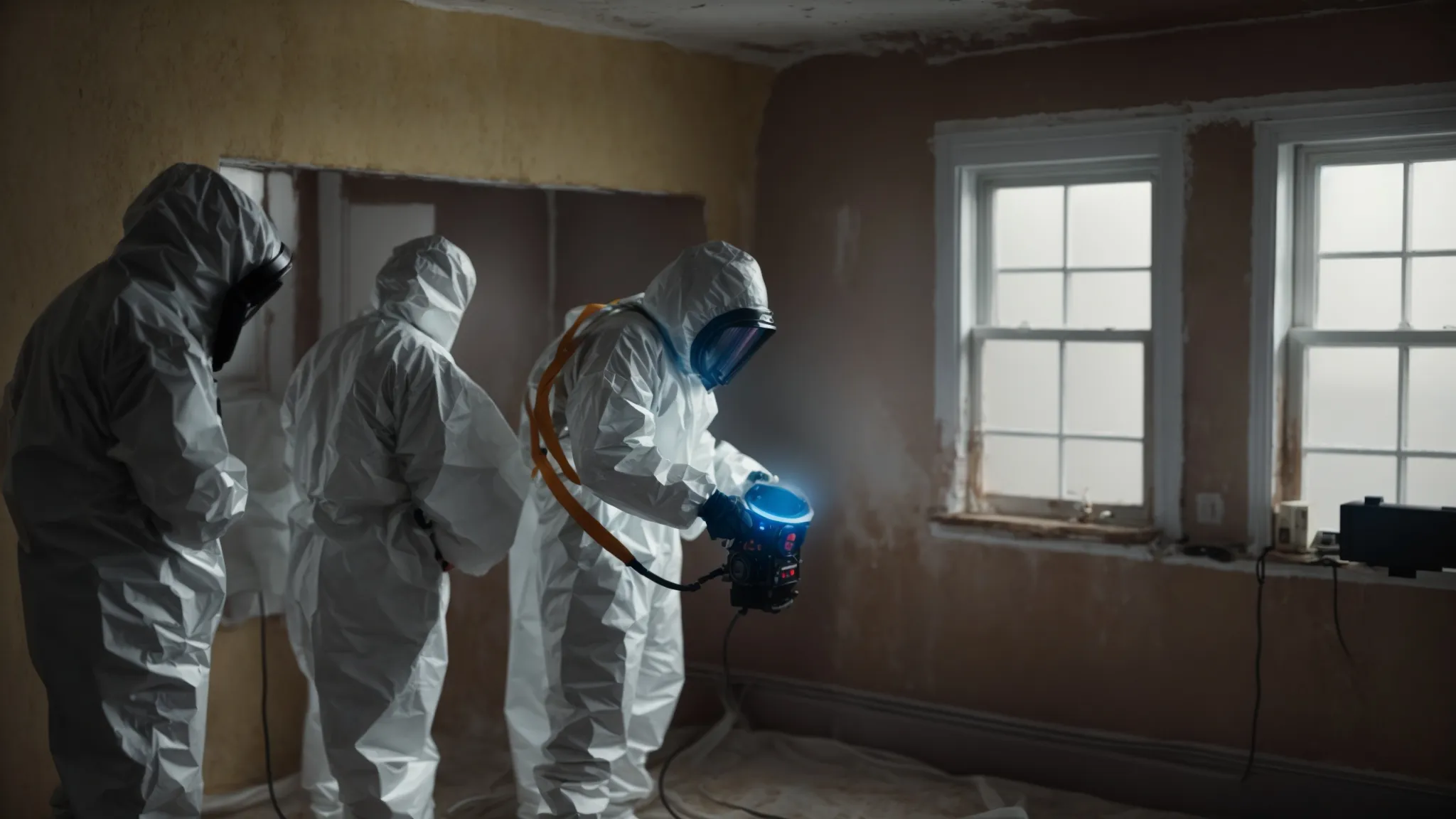 a professional crew in hazmat suits inspecting mold-infested walls in a dimly lit new jersey home. a professional crew in hazmat suits inspecting mold-infested walls in a dimly lit new jersey home.