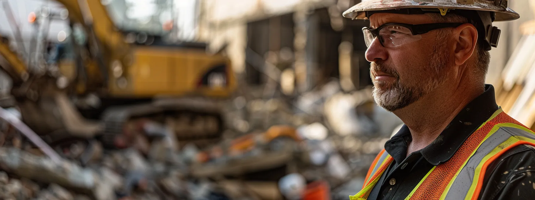 a professional demolition expert carefully examining a commercial building, assessing its structural integrity and potential for recycling amid a backdrop of construction equipment and debris. a professional demolition expert carefully examining a commercial building, assessing its structural integrity and potential for recycling amid a backdrop of construction equipment and debris.