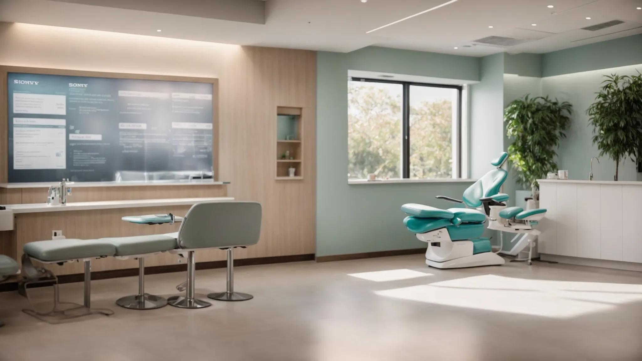a professional dental office with a warm and inviting consultation area, featuring a friendly dentist discussing transparent pricing options with a patient, emphasized by informative charts on a nearby wall outlining emergency dental service costs and benefits.