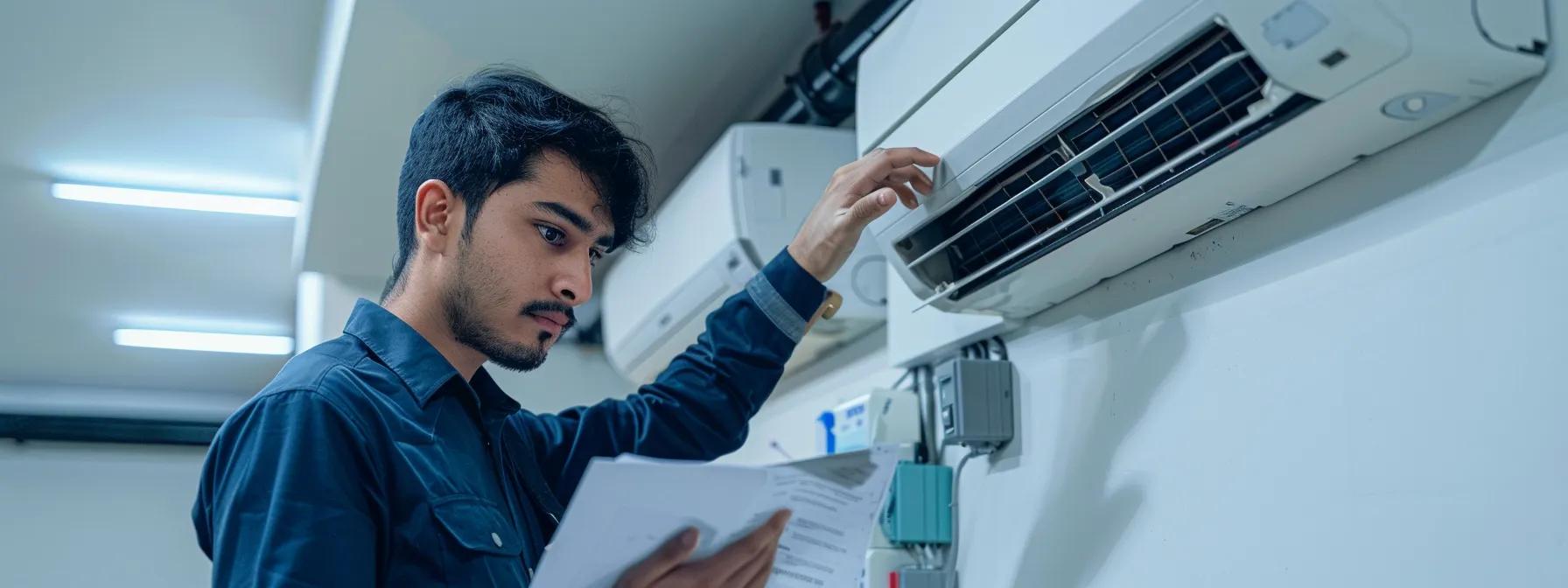 a professional hvac technician in a sleek, modern office setting conducts a thorough inspection of a sophisticated air conditioning unit, with clear documentation and tools organized around him, symbolizing prompt and reliable ac repair service.