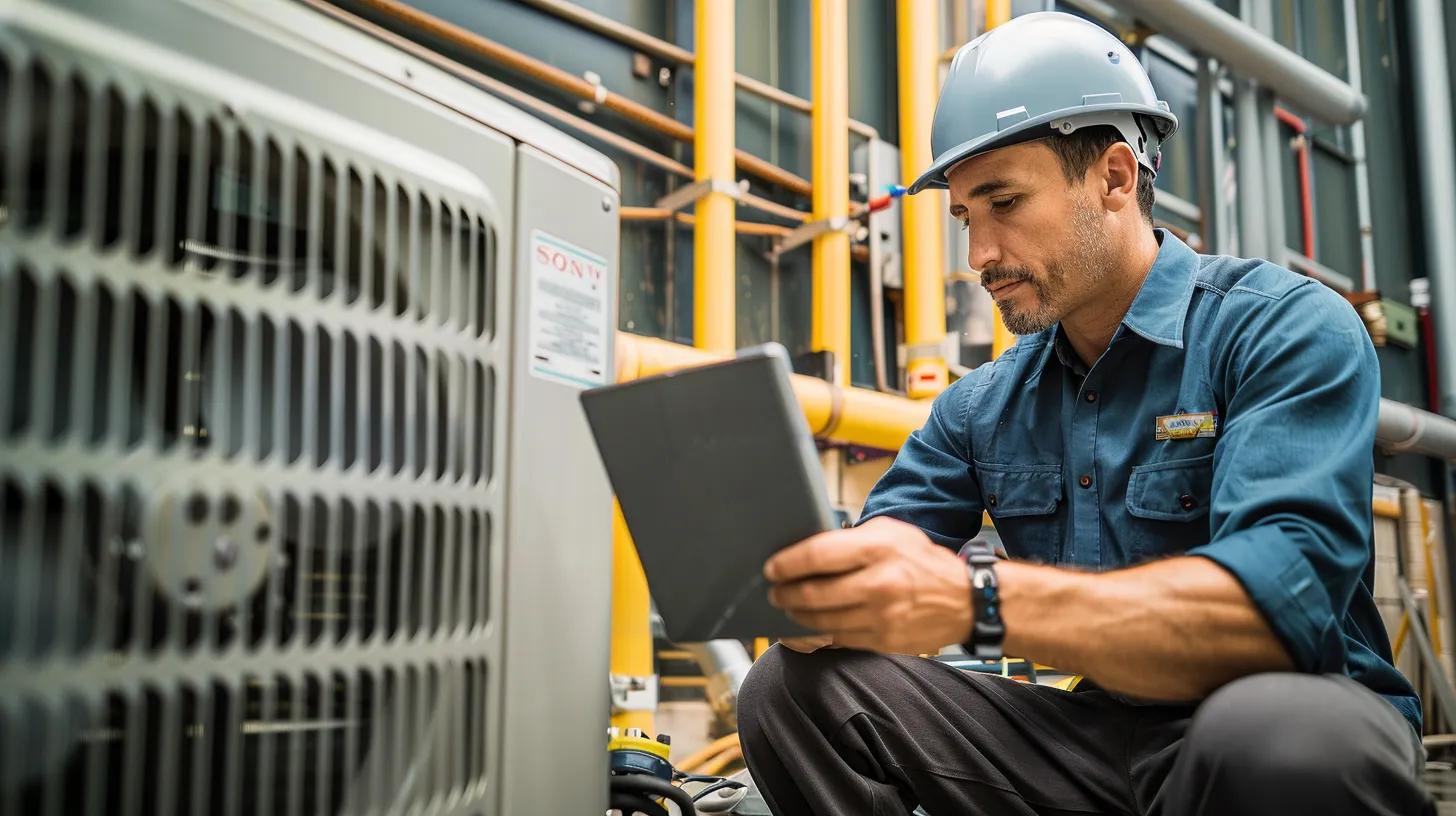 a professional hvac technician meticulously examines a modern air conditioning unit in a sleek, well-lit office environment, surrounded by an organized maintenance checklist on a tablet, emphasizing the importance of july maintenance for optimal performance. a professional hvac technician meticulously examines a modern air conditioning unit in a sleek, well-lit office environment, surrounded by an organized maintenance checklist on a tablet, emphasizing the importance of july maintenance for optimal performance.