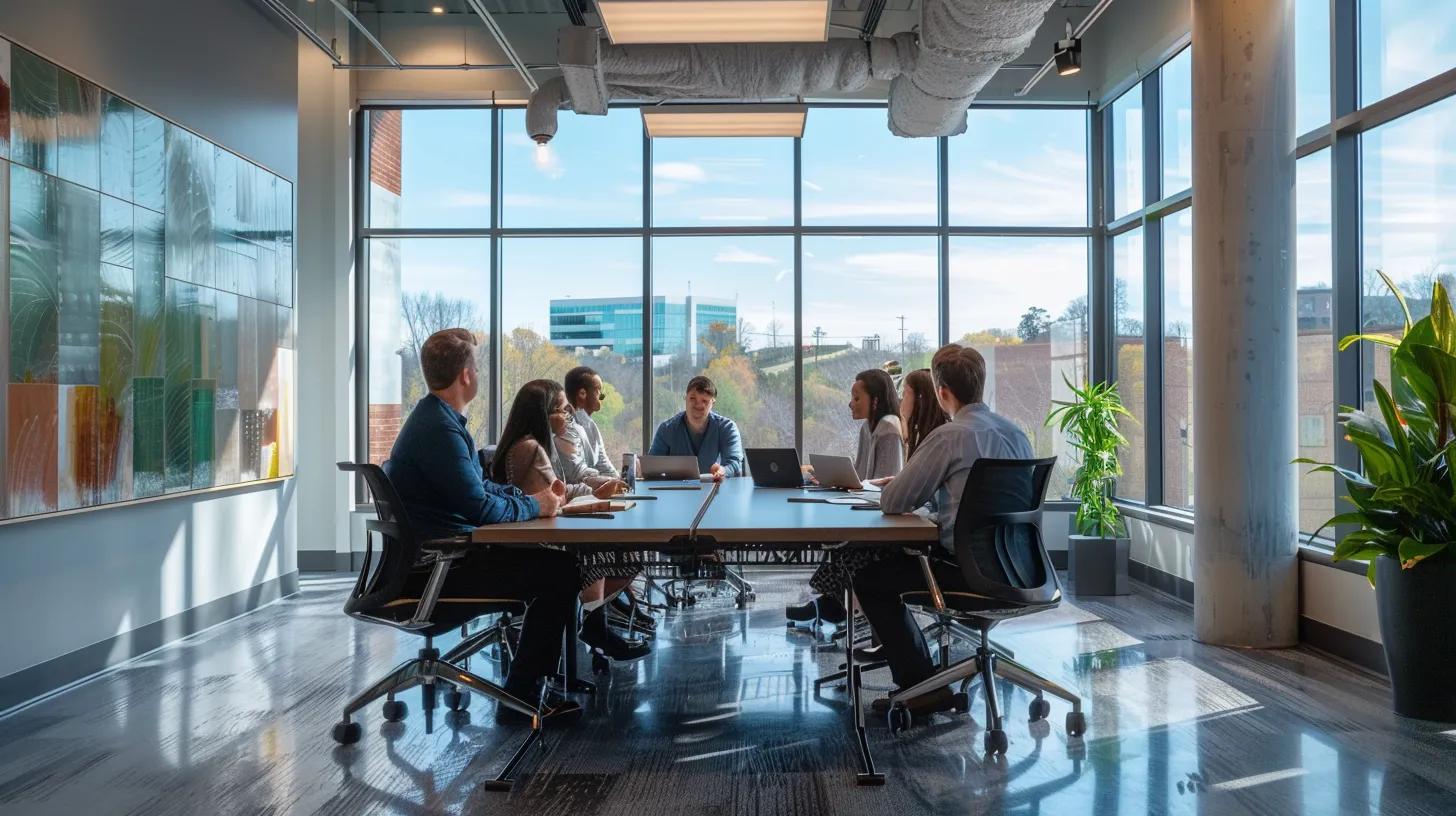 a professional interior scene showcasing a well-organized office meeting room in knoxville, featuring a confident individual engaging in a discussion with a diverse group of contractors around a sleek table, highlighting elements of trust and collaboration in the contractor selection process.