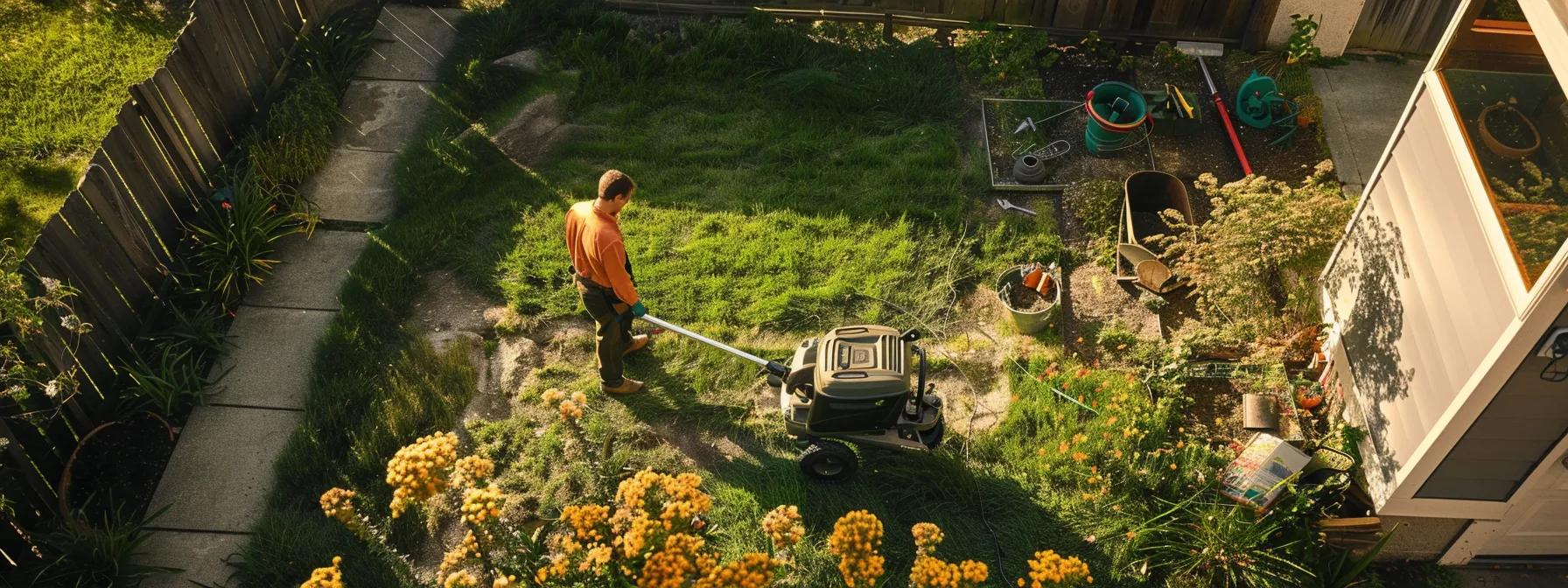 a professional landscape maintenance technician inspects a patchy lawn and damaged hardscaping in a suburban yard, surrounded by a neatly organized array of tools and equipment, highlighting the urgent need for expert intervention.