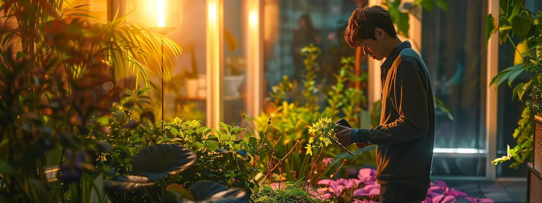 a professional landscaper analyzes a vibrant urban garden, equipped with specialized tools, as they discuss tailored maintenance strategies with a property owner under bright office-inspired led lights.