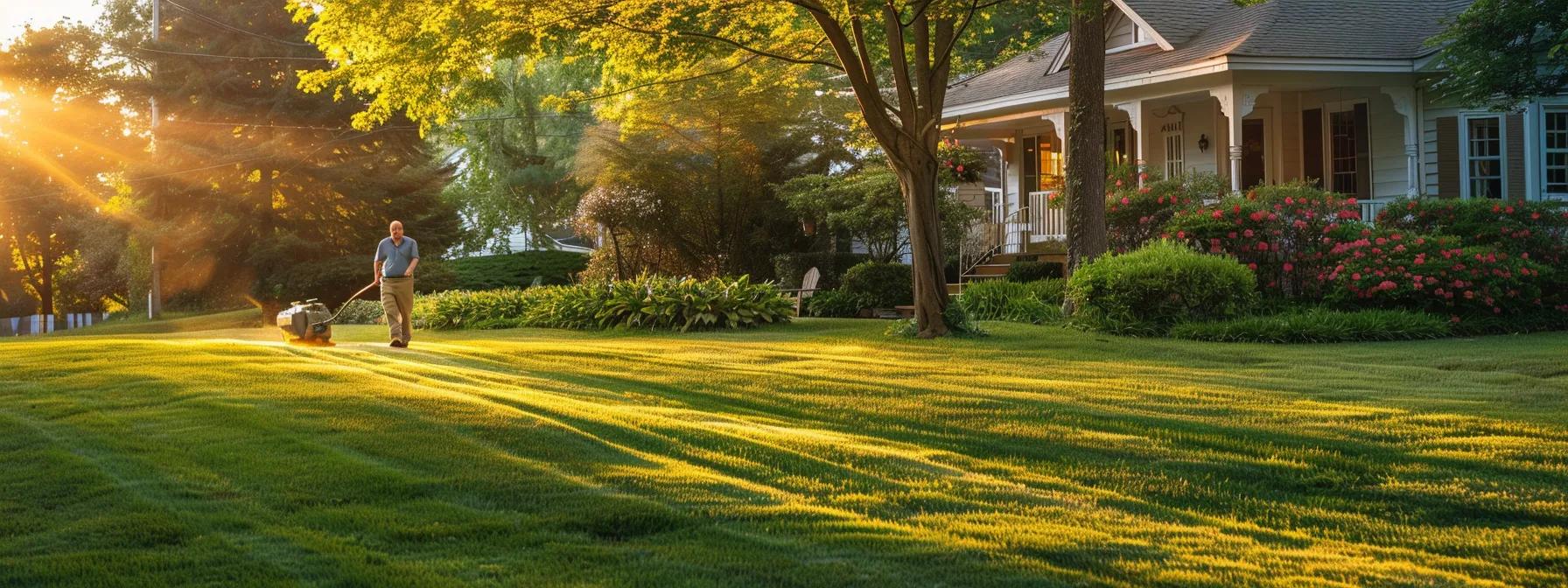 a professional lawn care technician expertly tending to a vibrant, meticulously maintained lawn in a well-kept suburban yard, with a cheerful homeowner observing the transformation, emphasizing the benefits of regular maintenance and property value enhancement.