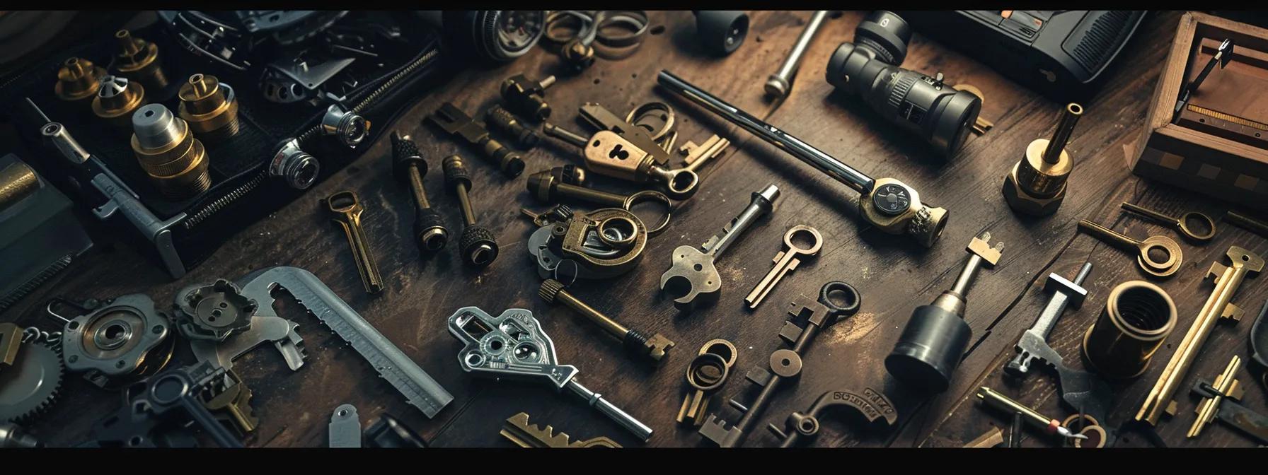 a professional locksmith meticulously analyzes a sophisticated master key system design, surrounded by various high-security locks and tools, under bright, focused lighting that emphasizes the intricate mechanisms at play. a professional locksmith meticulously analyzes a sophisticated master key system design, surrounded by various high-security locks and tools, under bright, focused lighting that emphasizes the intricate mechanisms at play.