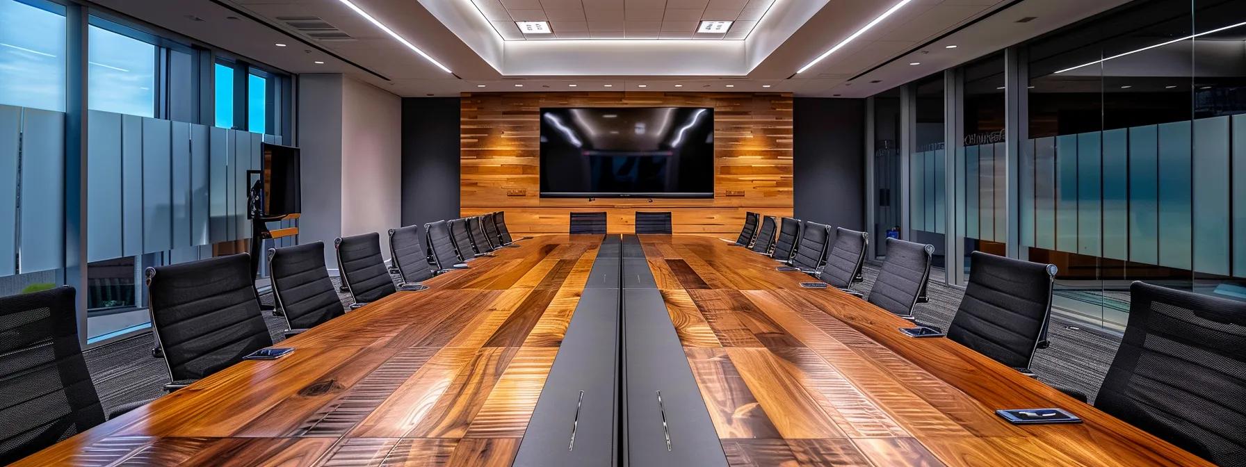 a professional meeting room featuring a sleek conference table and a digital display, where a diverse group of business professionals discuss the qualities of reliable and professional commercial lawn service providers, emphasizing clarity and collaboration.