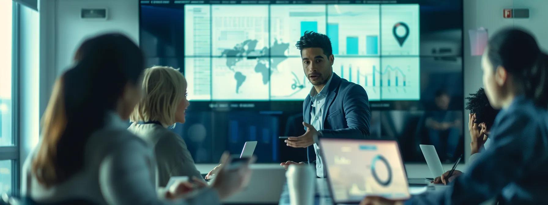 a professional office environment showcases a diverse team engaged in an intense discussion around laptops and digital devices, with charts and graphs highlighting web development costs and strategies displayed on a large screen in the background.