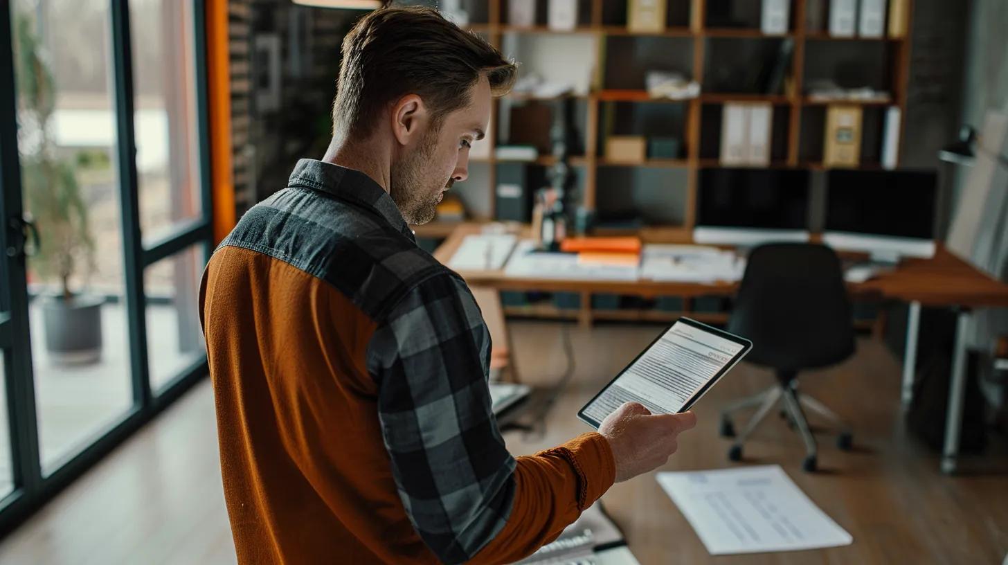 a professional office environment showcases a focused contractor reviewing a detailed checklist on a digital tablet, surrounded by resource materials and a modern desk, emphasizing the essential steps for knoxville contractor license renewal.