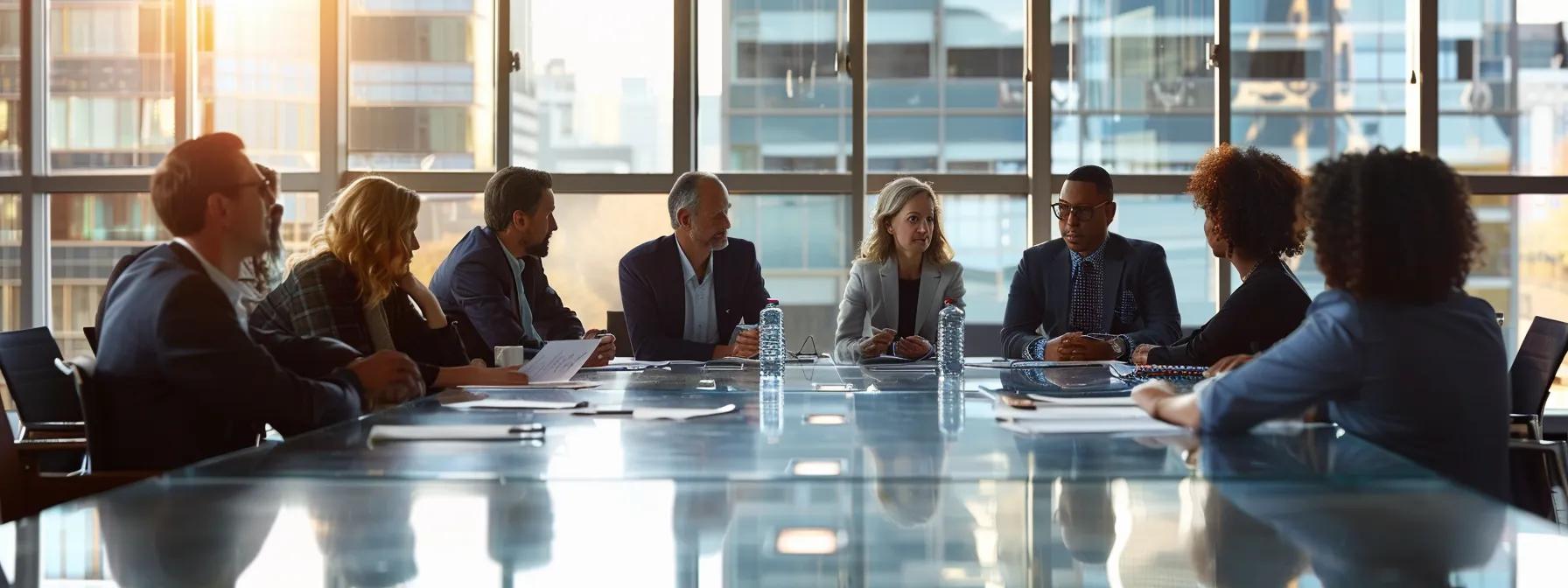 a professional office setting showcases a diverse group of individuals engaged in a focused discussion around a conference table, with state licensing documents and digital devices prominently displayed, emphasizing the complexities and variations of state licensing boards.